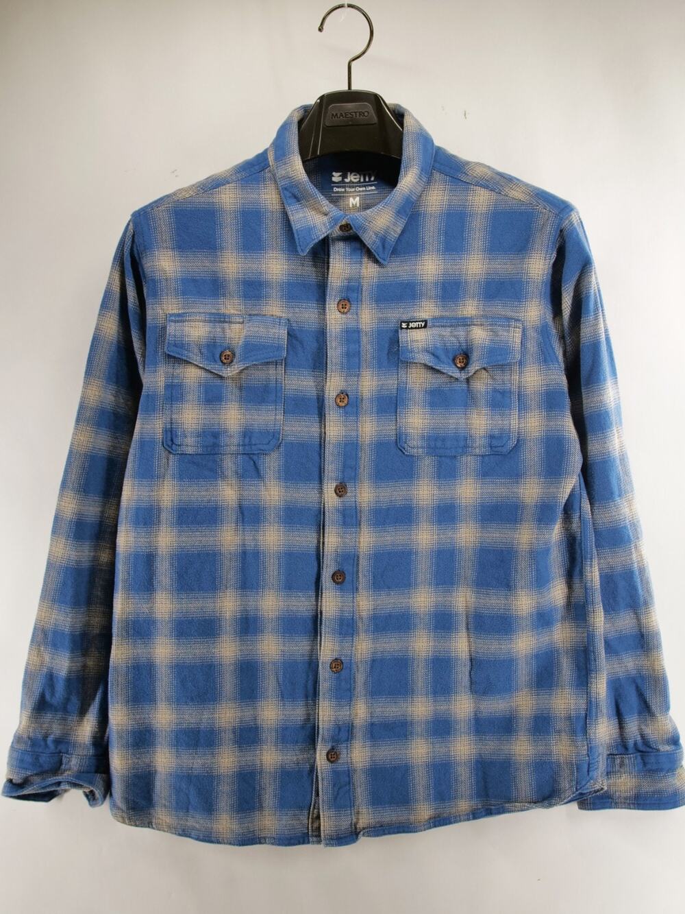 Jetty Flannel Shirt Mens Medium M Blue Tan Plaid Draw Your Own Line LS Button Up